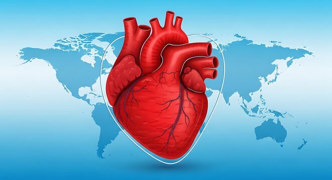 Realistic human heart centered on a transparent heart shape, over a world map