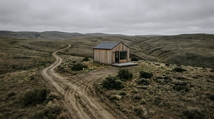 Obraz premium Remote wooden cabin on winding rural dirt road landscape