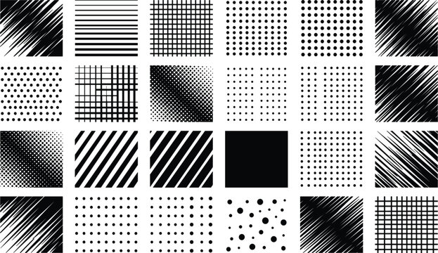 Set of black and white comic book speed lines halftone dot patterns and abstract geometric textures for manga design element collection isolated on white background art.