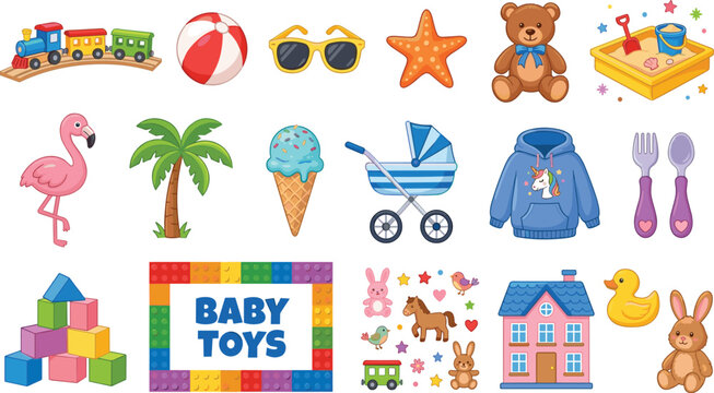 Baby toys and nursery icons set featuring cute teddy bear train flamingo palm tree sandbox building blocks and various colorful childhood objects on white background art.