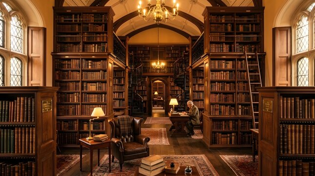 Scholar working in grand historic library room setting