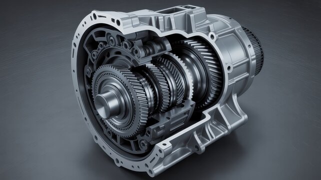 Cross section of a modern car transmission showing internal metal gears and mechanical components of a motor
