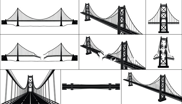 Suspension bridge illustration set showing various perspectives including top view side view and broken structure scenarios in minimalist black and white silhouette style.