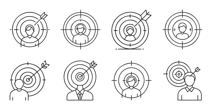 Target practice archery bullseye icons set - Minimalist vector icons showing archery targets with scoring rings and arrows hitting bullseyes in various styles