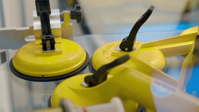 New yellow vacuum suction plates for glass, also with pressure gauge and manual pumping. Closeup. Shot in motion