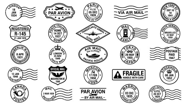 Stamps postal mail logo set with vintage circular designs, wavy lines, and fragile handling symbol for shipping and routing