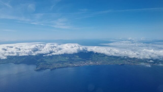 Sao Miguel dos A&ccedil;ores aerial view. Landscape scenario airplane view