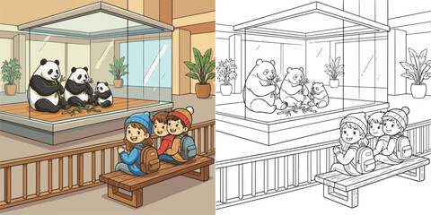 children sitting_near panda family visiting zoo cartoon clipart and lineart print vector illustration for coloring book © Avijit