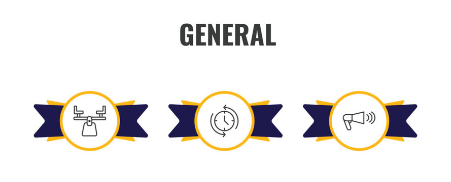 general outline icon set. thin line balancer, rewind time, advertising agency icons. editable vector