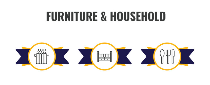 furniture & household outline icon set. thin line heating, crib, silverware icons. editable vector