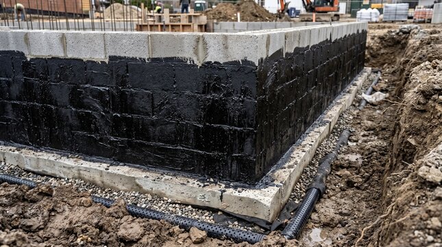 Black Bituminous Waterproofing Coating on Concrete Block Foundation Wall