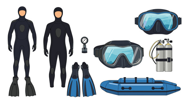 Comprehensive set of scuba diving gear includes a wetsuit, fins, masks, air tanks, a pressure gauge, and a small inflatable boat.