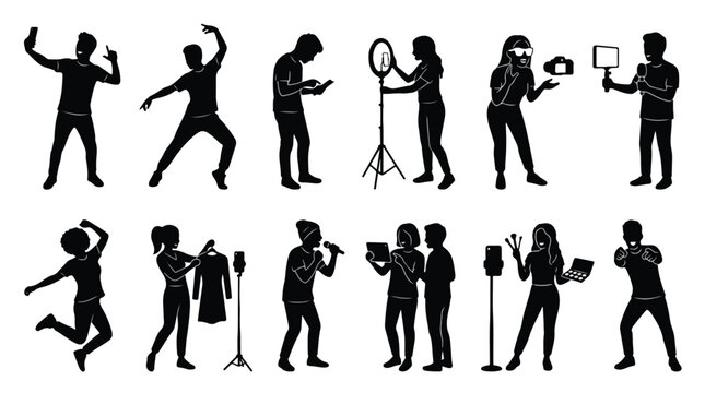 set of silhouettes of influencers and content creators vlogging streaming singing and dancing on white background for social media marketing digital content creation video production influencer set