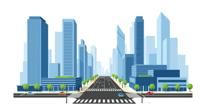 Wide city boulevard with multiple lanes of traffic is flanked by tall modern blue skyscrapers and rows of green trees for an urban scene.