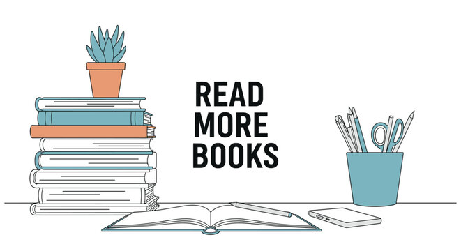 Educational concept showing a stack of colorful books with a small plant and office stationery alongside the phrase read more books.