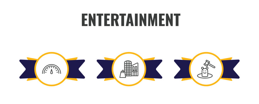 entertainment outline icon set. thin line speedometer, mall, whack a mole icons. editable vector