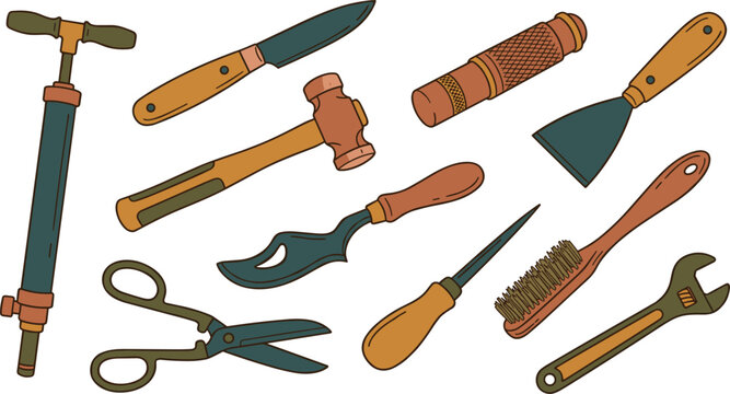 Vintage Retro Nautical Hand Tools Vector Collection featuring Wooden Rigging Knife, Copper Hammer, Bilge Hand Pump, and Shears for Boat Restoration