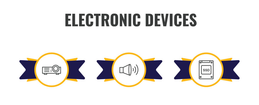 electronic devices outline icon set. thin line projector, speakers, ssd icons. editable vector