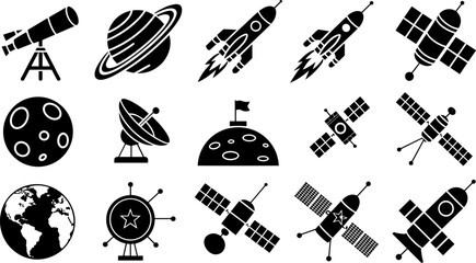 Space Exploration Silhouette Icon Set Featuring Rockets Satellites Telescope Planets Moon Landing and Radar Dishes for Astronomy and Universe Discovery Technology Designs © MdMohsin