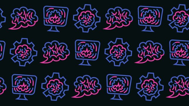 Artificial intelligence pattern with seamless neural network, smart brain, and AI monitor line art icons background animation. Repeating deep learning wallpaper for a machine learning concept.