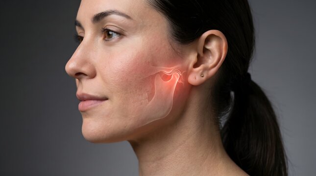 Close Up Woman With Jaw Joint Pain And TMJ Anatomy Overlay