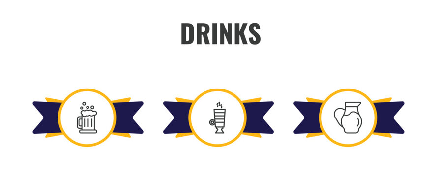 drinks outline icon set. thin line beer mug, latte, water jug icons. editable vector