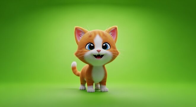 Cute little orange kitten with big blue eyes standing on a soft green background for kids