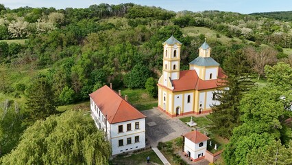 Fototapeta premium Aerial panorama of Graboc village and surrounding countryside