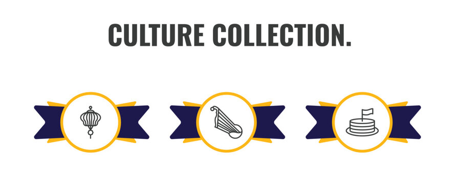 culture collection. outline icon set. thin line paper lantern, kankles, cake with a flag icons. editable vector