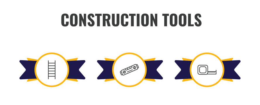 construction tools outline icon set. thin line ladder, plumb rule tool, open scale icons. editable vector