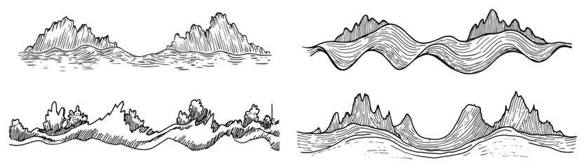 Fototapeta premium Mountain landscape borders and scenic nature hills in hand drawn sketch style
