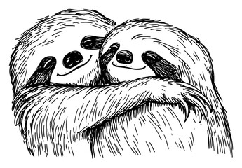 Fototapeta premium two sloths hugging closely with detailed fur textures in vintage engraving style