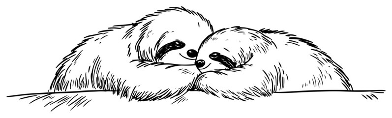 Fototapeta premium sloth couple resting and nuzzling together in minimalist line art style