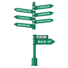 Fototapeta premium Modern green street sign vector illustration with directional arrows, city navigation boards, parking sign, bus lane