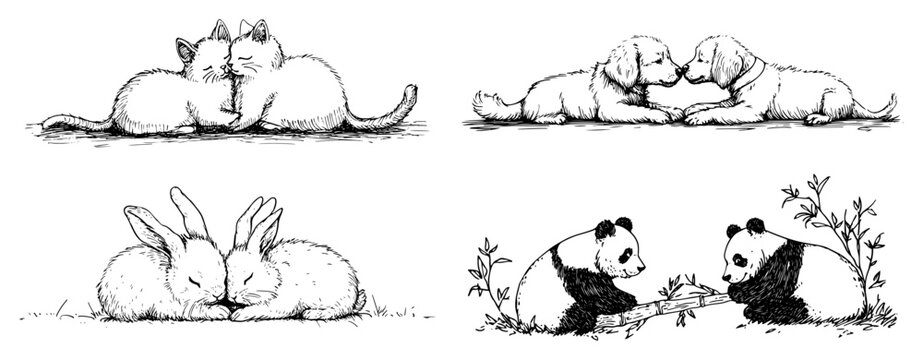 baby animal pairs sharing affection including kittens puppies bunnies and pandas in ink sketch style