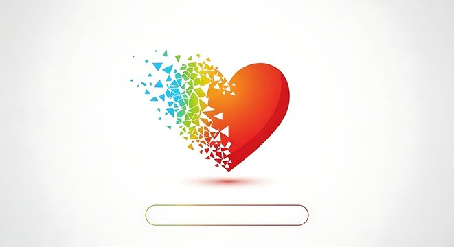 Red heart exploding into colorful geometric shards on white background