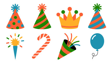 Obraz premium festive party elements collection featuring hats crown balloon and firework in flat vector illustration