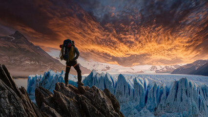 Fototapeta premium Epic Adventure Backpacking in Alaska Mountains with Glaciers and Sunset Sky