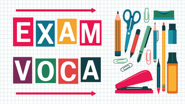 Colorful exam and vocabulary lettering with school supplies flat vector illustration