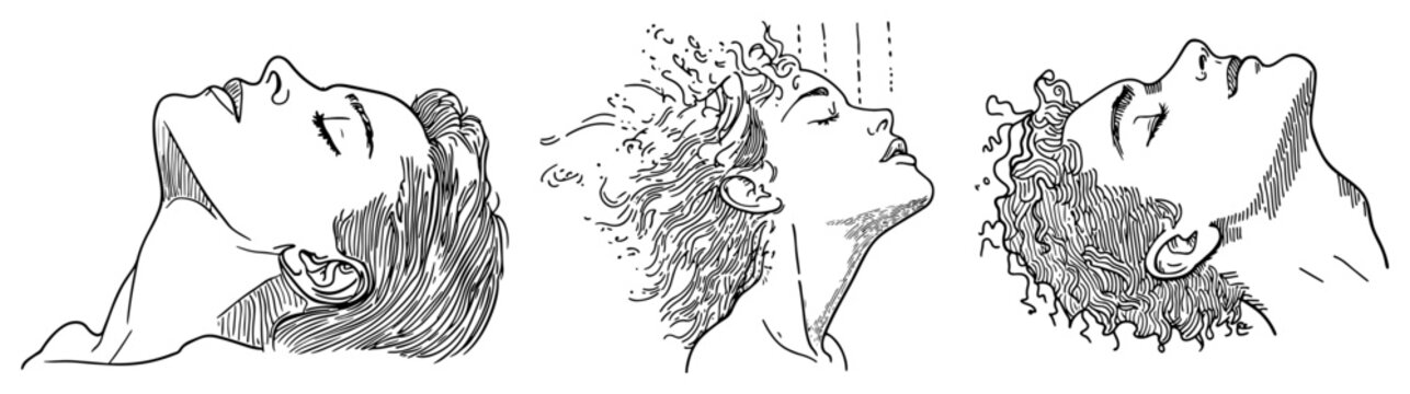 Human faces in profile with eyes closed experiencing peace and tranquility in hand drawn sketch style