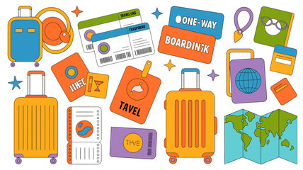 Colorful travel themed illustration with suitcases tickets and a world map on a white background © Digishopppp