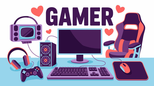 colorful illustration of a gamer setup with computer headphones and gaming chair
