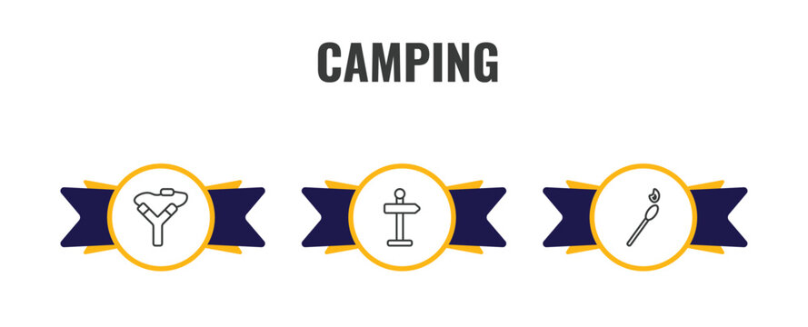 camping outline icon set. thin line slingshot, direction, matches icons. editable vector