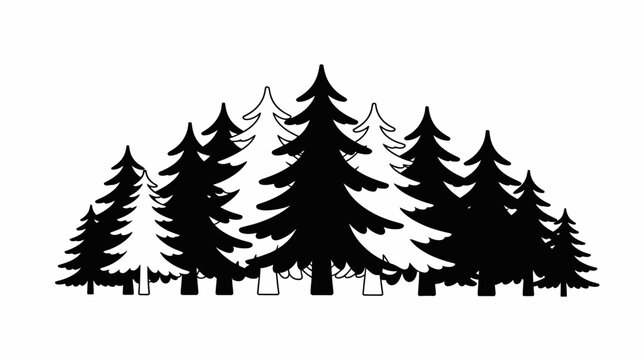 Black and white silhouette of coniferous trees against a white background