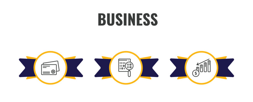 business outline icon set. thin line business card, binary data search, profit chart icons. editable vector