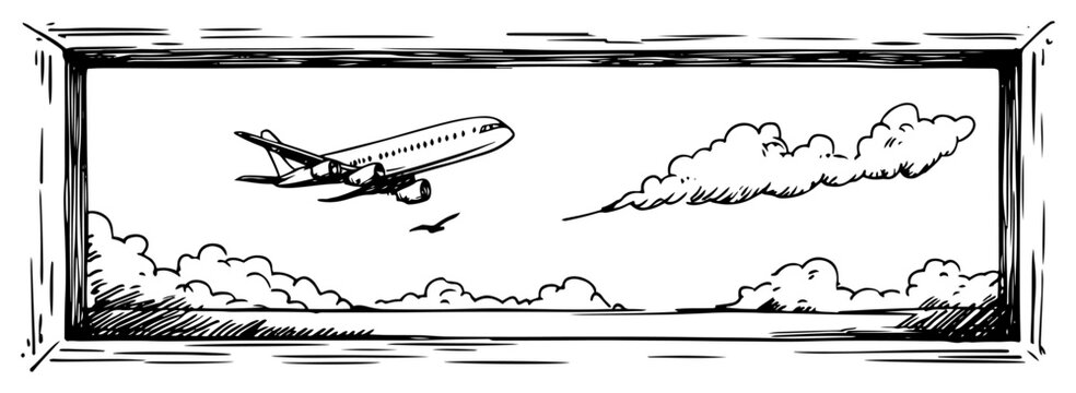 Airplane flying through clouds seen through window frame in hand drawn line art style