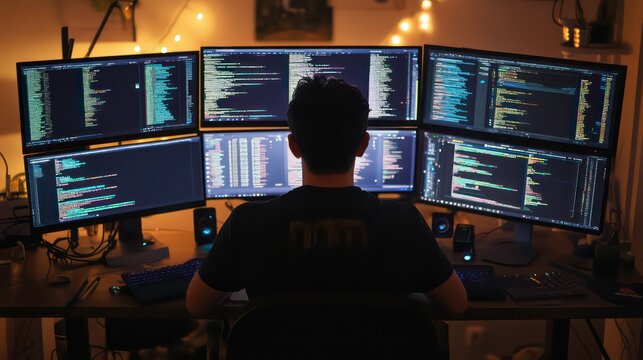 Person working with multiple monitors displaying coding and data. Rear view. Cybersecurity and programming concept.