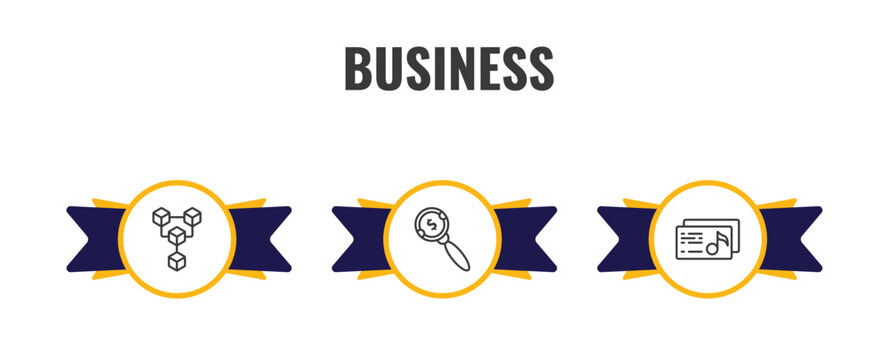 business outline icon set. thin line connection box chart, money searcher, music business card icons. editable vector