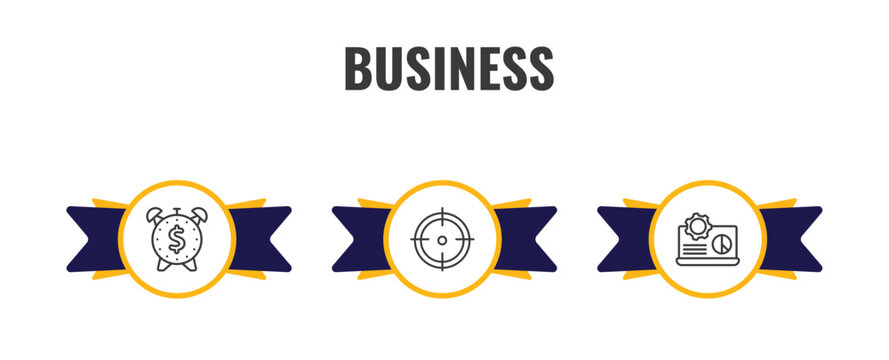business outline icon set. thin line dollar on business time, target, laptop analysis icons. editable vector