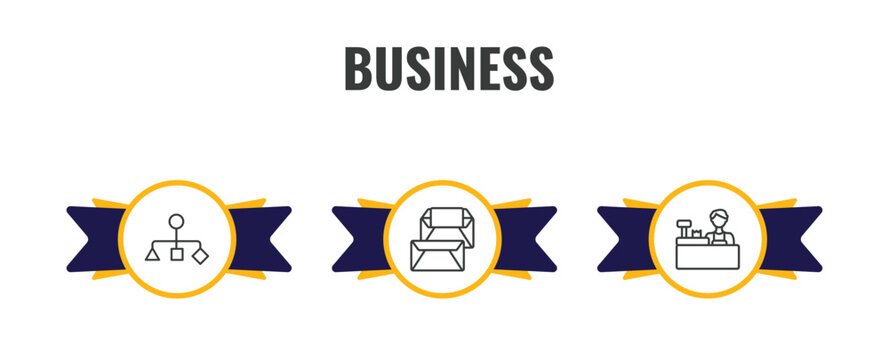 business outline icon set. thin line hierarchy structure, correspondence, supermarket cashier icons. editable vector